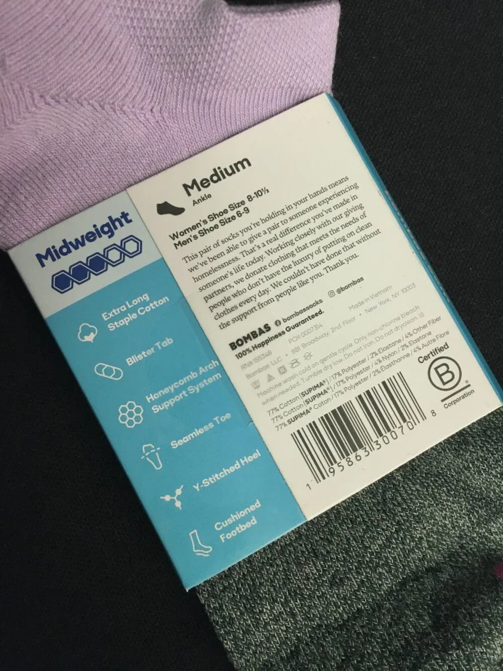 BOMBAS Women's Marl Cotton Blend Ankle Socks Size 8-10.5US- Soft Lavender - NWT